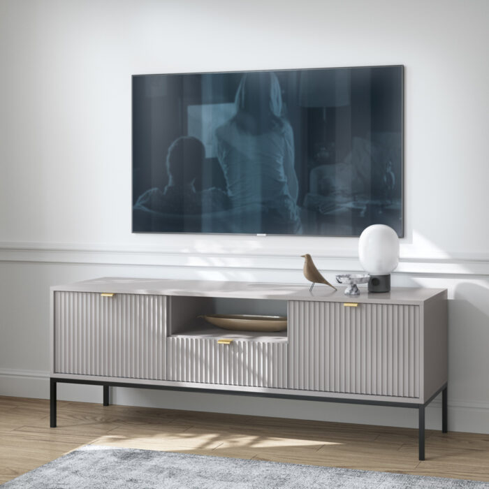 Szafka pod telewizor NANAIMO - Szary - Złote Uchwyt - Szerokość 154 cm, Wysokość 56 cm, Głębokość 39 cm - obrazek 2