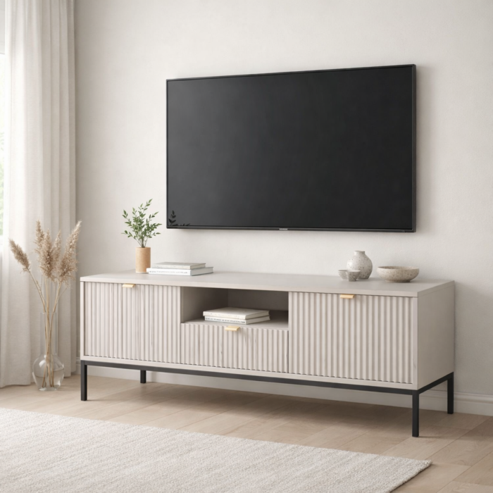 Szafka pod telewizor NANAIMO - Szary - Złote Uchwyt - Szerokość 154 cm, Wysokość 56 cm, Głębokość 39 cm - obrazek 2