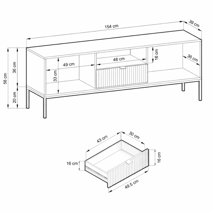Szafka pod telewizor NANAIMO - Szary - Złote Uchwyt - Szerokość 154 cm, Wysokość 56 cm, Głębokość 39 cm - obrazek 3