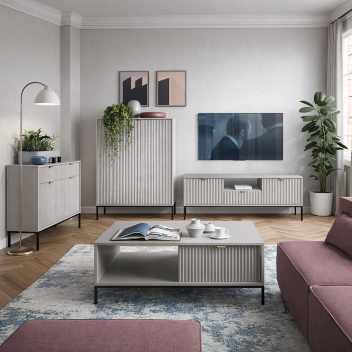 Szafka pod telewizor NANAIMO - Szary - Złote Uchwyt - Szerokość 154 cm, Wysokość 56 cm, Głębokość 39 cm - obrazek 5