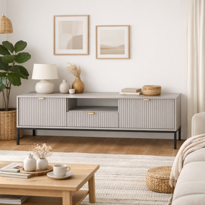 Szafka pod telewizor NANAIMO - Szary - Złote Uchwyt - Szerokość 154 cm, Wysokość 56 cm, Głębokość 39 cm - obrazek 6