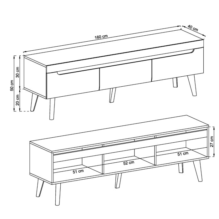 Szafka pod telewizor SUDBURRY RTV160 - Biała - Front w Wysokim Połysku - 3 Szuflady - Szerokość 160 cm, Wysokość 50 cm, Głębokość 40 cm - obrazek 3