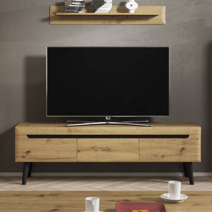 Szafka pod telewizor SUDBURRY RTV160 - Dąb - Czarne Dodatki - 3 Szuflady - Szerokość 160 cm, Wysokość 50 cm, Głębokość 40 cm - obrazek 2