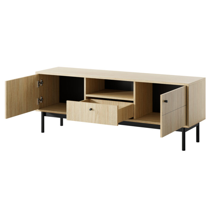 Szafka RTV DIEPPE – dąb – metalowe uchwyty – drewniane nogi – szerokość 154 cm, wysokość 56 cm, głębokość 39 cm - obrazek 4