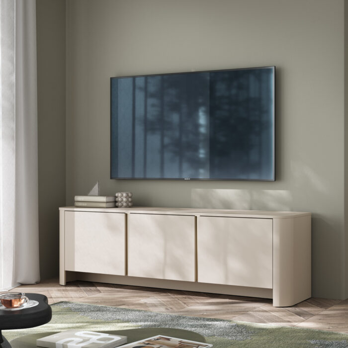 Szafka RTV AMOS – kaszmir – zaokrąglona – cichy domyk – szerokość 168 cm, wysokość 52 cm, głębokość 39 cm - obrazek 2