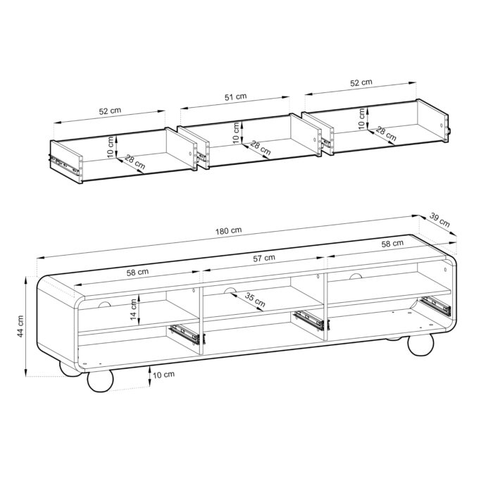 Szafka RTV KAMLOOPS – kaszmir – zaokrąglona – 3 szuflady – szerokość 180 cm, wysokość 44 cm, głębokość 39 cm - obrazek 3
