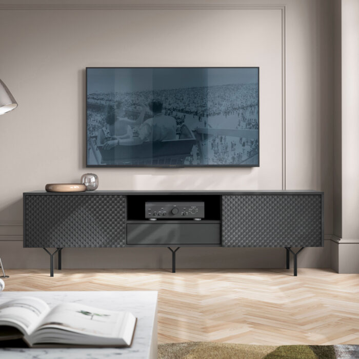 TV cabinet ORILLIA - Black - Carved Fronts - Drawer - Width 180 cm, Height 51 cm, Depth 38 cm - obrazek 2