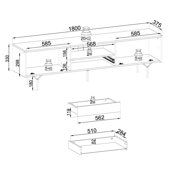 TV cabinet ORILLIA - Black - Carved Fronts - Drawer - Width 180 cm, Height 51 cm, Depth 38 cm - obrazek 3