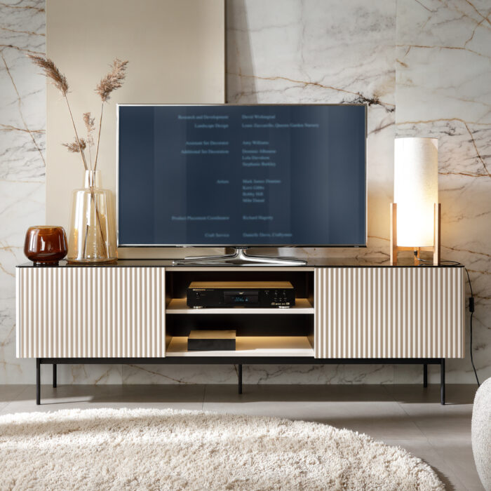 Szafka RTV Olden, kaszmir, ze szklanym blatem, 180 × 52 × 39 cm - obrazek 2