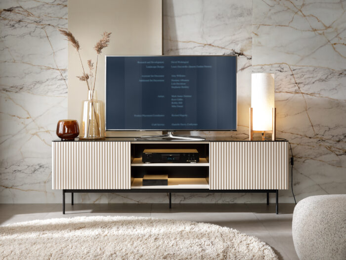 Szafka RTV Olden, kaszmir, ze szklanym blatem, 180 × 52 × 39 cm - obrazek 6