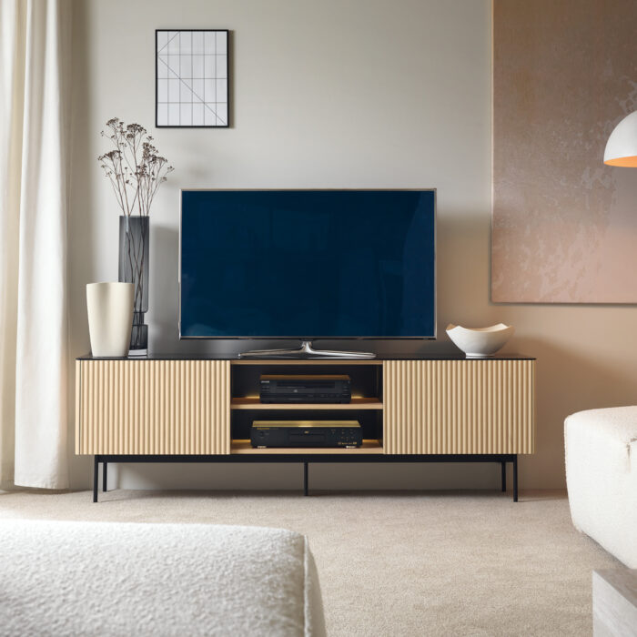 Szafka RTV Olden, dąb Vicenza, ze szklanym blatem, 180 × 52 × 39 cm - obrazek 2