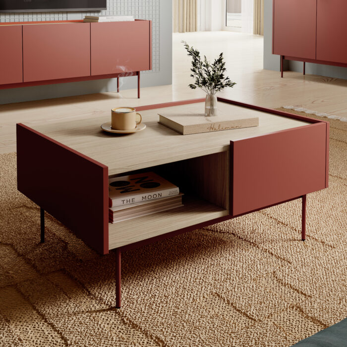 Stolik Kawowy Kelowna - Red, Oak - Two Drawers - Width 97 cm, Height 45 cm, Depth 65 cm - obrazek 2