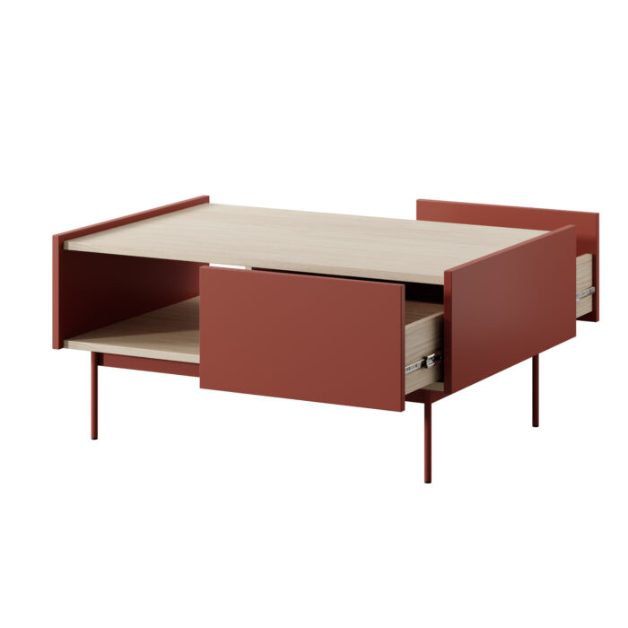Stolik Kawowy Kelowna - Red, Oak - Two Drawers - Width 97 cm, Height 45 cm, Depth 65 cm - obrazek 4