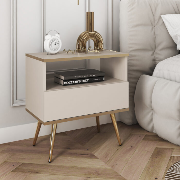 Szafka nocna Banff S54 – beżowa – złote akcenty – szuflada – szerokość 54 cm, wysokość 59 cm, głębokość 39 cm - obrazek 2