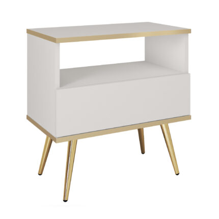 Nocna szafka Banff S54 - Biała - Złote dodatki - Szuflada - Szerokość 54 cm, Wysokość 59 cm, Głębokość 39 cm
