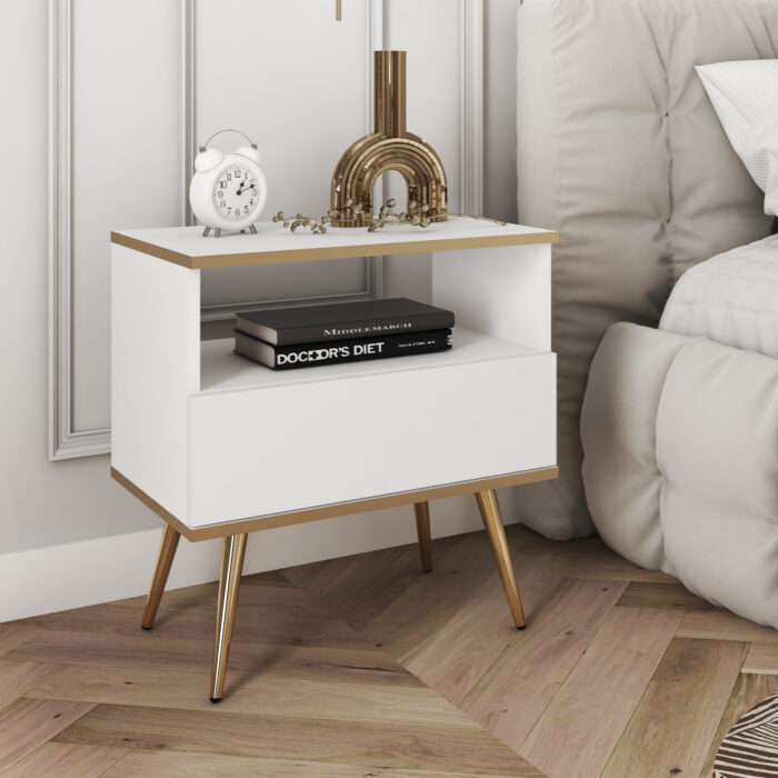 Nocna szafka Banff S54 - Biała - Złote dodatki - Szuflada - Szerokość 54 cm, Wysokość 59 cm, Głębokość 39 cm - obrazek 2
