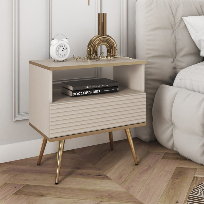 Nocna szafka Banff S54 - MDF - Beżowy - Ryflowane fronty - Szuflada - Szerokość 54 cm, Wysokość 59 cm, Głębokość 39 cm - obrazek 2