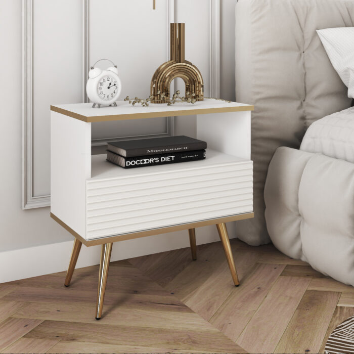 Nocna szafka Banff S54 - MDF - Biała - Ryflowane fronty - Szuflada - Szerokość 54 cm, Wysokość 59 cm, Głębokość 39 cm - obrazek 2