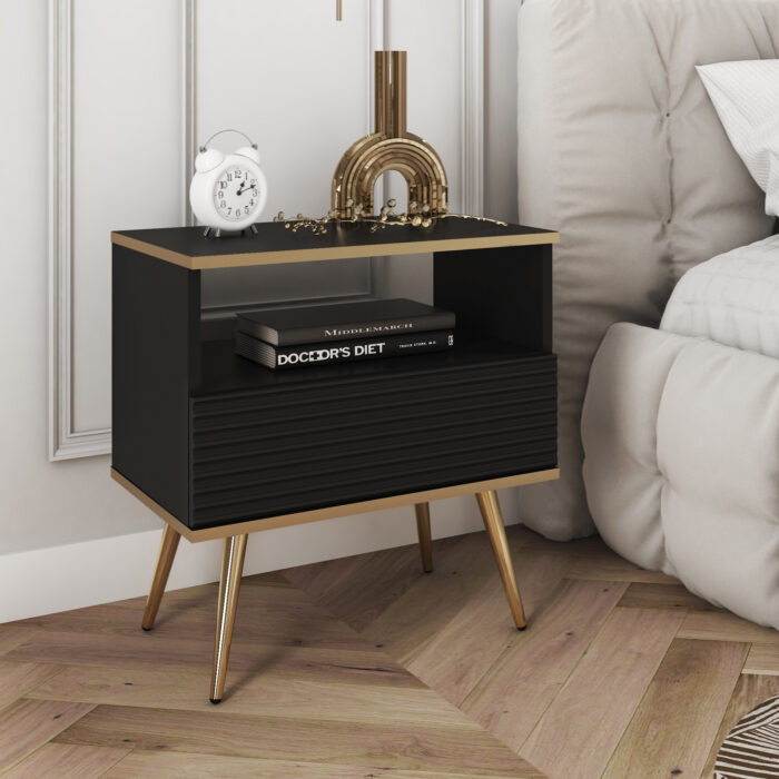 Nocna szafka Banff S54 - MDF - Czarny - Ryflowane fronty - Szuflada - Szerokość 54 cm, Wysokość 59 cm, Głębokość 39 cm - obrazek 2