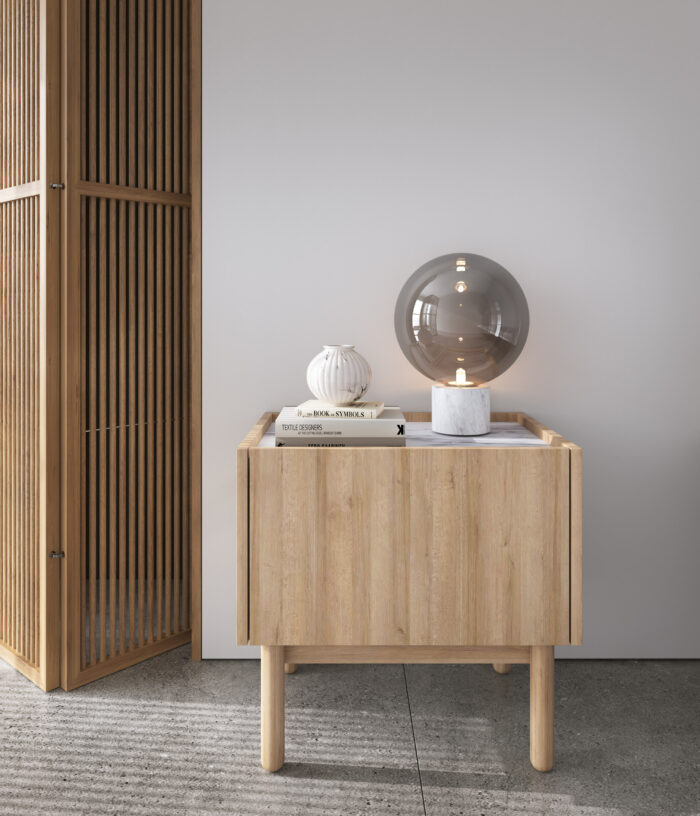 Szafka nocna Revelstoke S50 – dąb – biały marmur – drewniane nogi – mat – szerokość 58 cm, wysokość 48 cm, głębokość 37 cm - obrazek 6