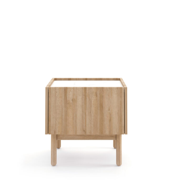 Szafka nocna Revelstoke S50 – dąb – biały marmur – drewniane nogi – mat – szerokość 58 cm, wysokość 48 cm, głębokość 37 cm - obrazek 7