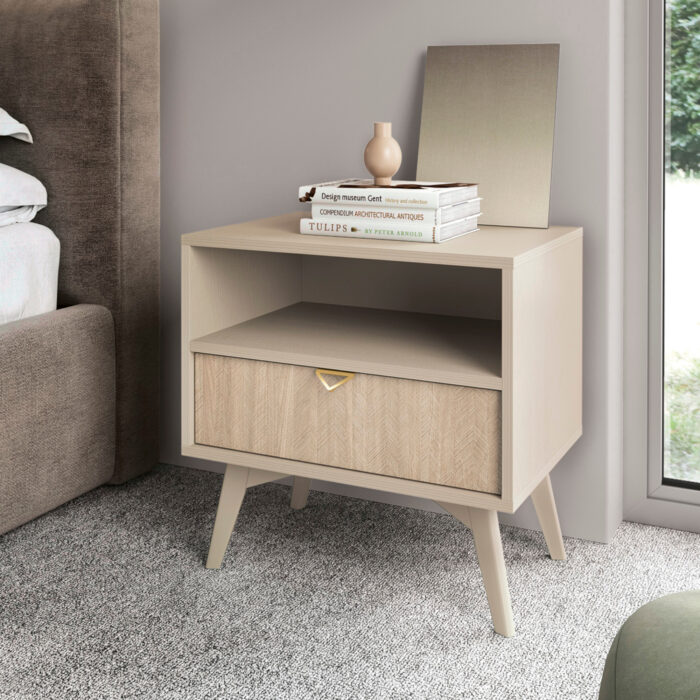 Szafka nocna TOFINO - dąb - beżowy - metalowe uchwyty - szuflada - szerokość 54 cm, wysokość 54 cm, głębokość 38 cm - obrazek 2