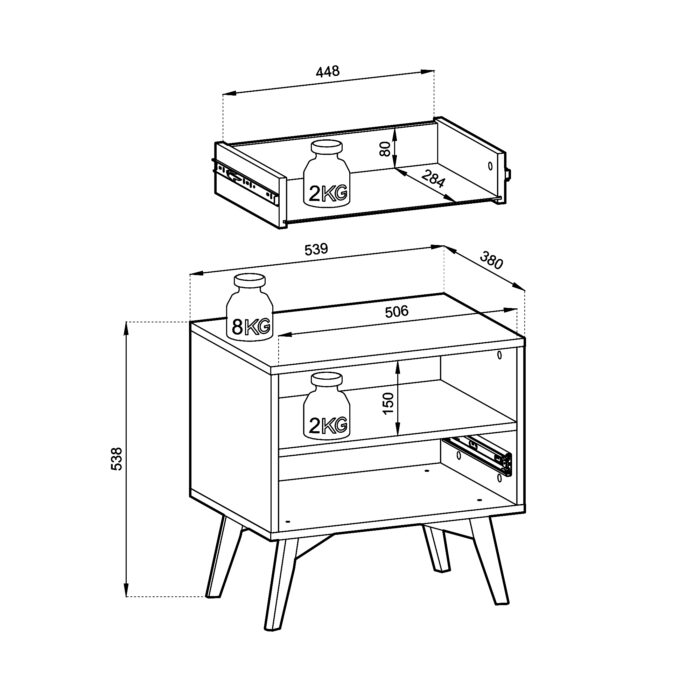 Szafka nocna TOFINO - dąb - beżowy - metalowe uchwyty - szuflada - szerokość 54 cm, wysokość 54 cm, głębokość 38 cm - obrazek 3