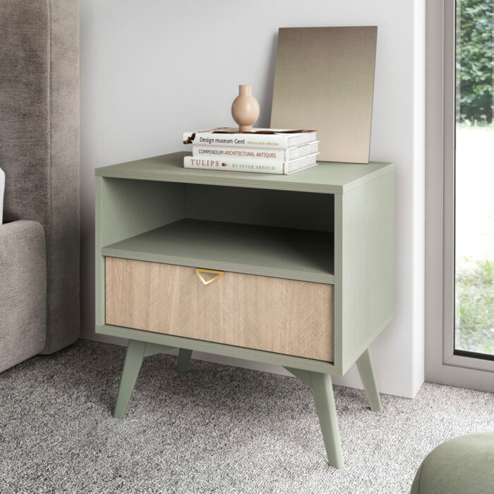 Nocna Szafka TOFINO - Dąb - Zielony - Metalowe Uchwyty - Szuflada - Szerokość 54 cm, Wysokość 54 cm, Głębokość 38 cm - obrazek 2
