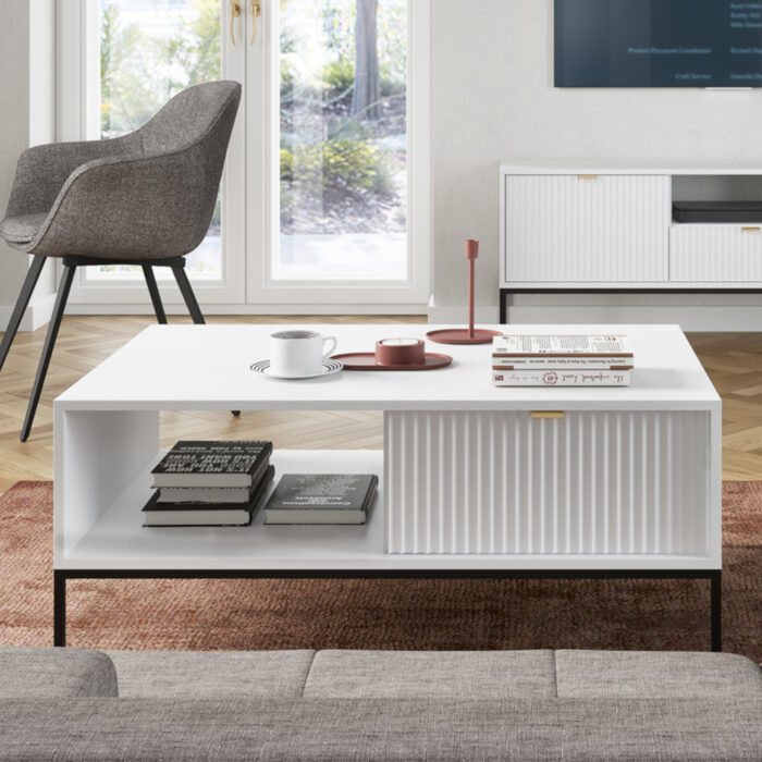 Stolik kawowy NANAIMO - Biały - Złote Uchwyty - Z Szufladą - Szerokość 104 cm, Wysokość 48 cm, Głębokość 68 cm - obrazek 2