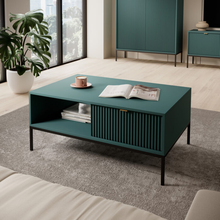 Stolik kawowy NANAIMO - Zielony - Złote Uchwyty - Z Szufladą - Szerokość 104 cm, Wysokość 48 cm, Głębokość 68 cm - obrazek 2