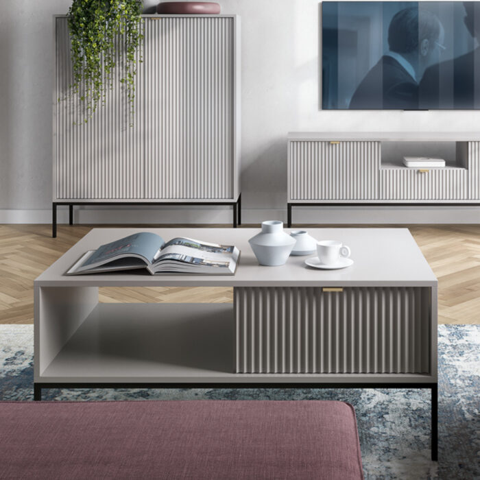 Stolik kawowy NANAIMO - Szary - Złote Uchwyty - Z Szufladą - Szerokość 104 cm, Wysokość 48 cm, Głębokość 68 cm - obrazek 2