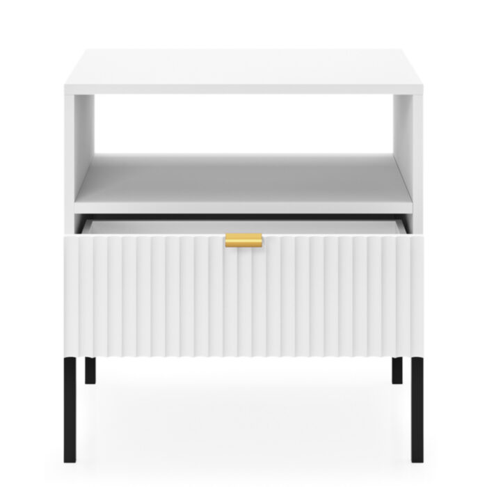 Stolik nocny NANAIMO - Biały - Złote Uchwyty - Z Szufladą - Szerokość 54 cm, Wysokość 56 cm, Głębokość 39 cm - obrazek 4