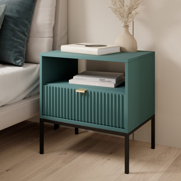 Nocny stolik NANAIMO - Zielony - Złote uchwyty - Z szufladą - Szerokość 54 cm, Wysokość 56 cm, Głębokość 39 cm - obrazek 2