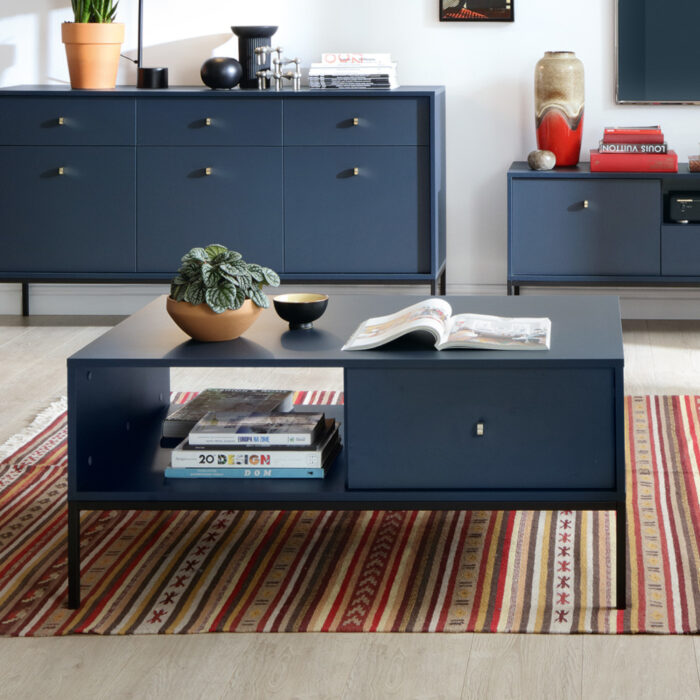 Stolik kawowy MONCTON – ciemnoniebieski – metalowe uchwyty – szuflada – szerokość 104 cm, wysokość 46 cm, głębokość 68 cm - obrazek 2