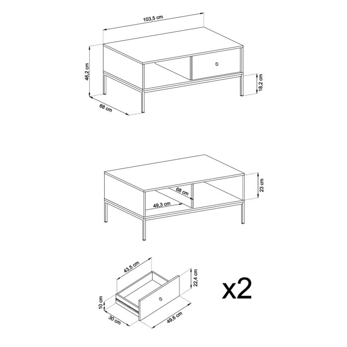Stolik kawowy MONCTON – ciemnoniebieski – metalowe uchwyty – szuflada – szerokość 104 cm, wysokość 46 cm, głębokość 68 cm - obrazek 3