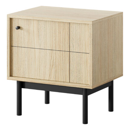 Stolik Nocny DIEPPE - Dąb - Metalowe Uchwyty - Drewniane Nogi - Szerokość 56 cm, Wysokość 56 cm, Głębokość 39 cm