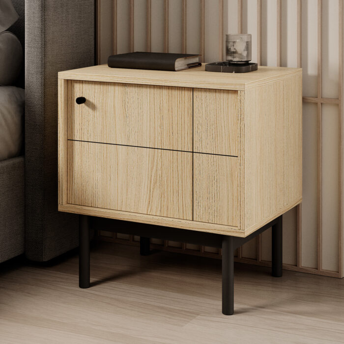 Stolik Nocny DIEPPE - Dąb - Metalowe Uchwyty - Drewniane Nogi - Szerokość 56 cm, Wysokość 56 cm, Głębokość 39 cm - obrazek 2