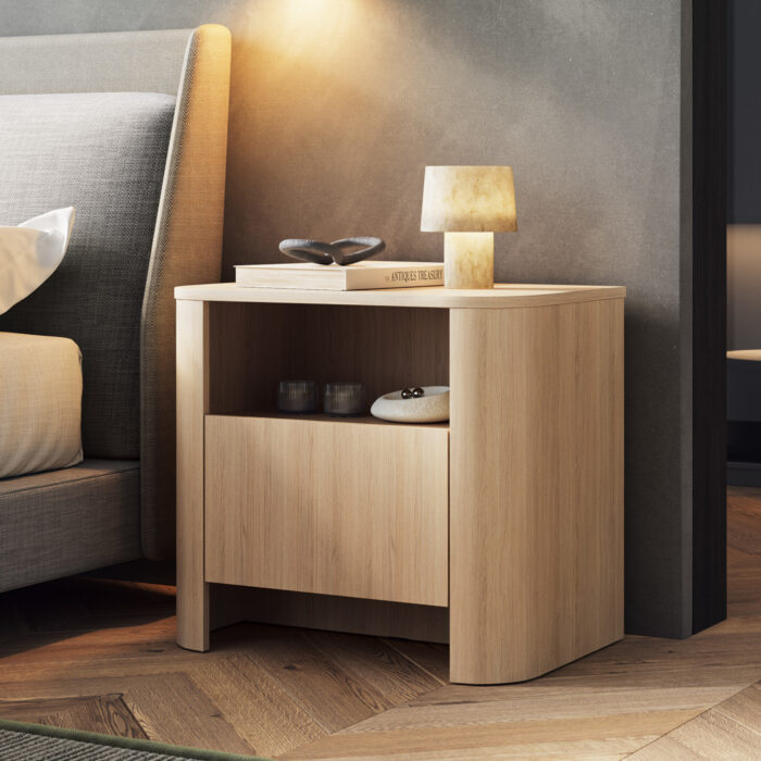 Nocna szafka AMOS - Dąb - Zaokrąglona - Cichy Domyk - Szuflada - Szerokość 58 cm, Wysokość 52 cm, Głębokość 39 cm - obrazek 2