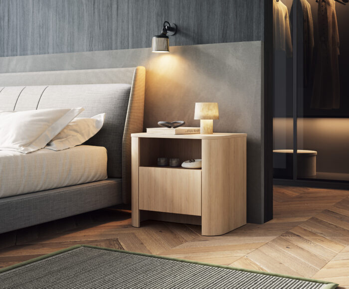 Nocna szafka AMOS - Dąb - Zaokrąglona - Cichy Domyk - Szuflada - Szerokość 58 cm, Wysokość 52 cm, Głębokość 39 cm - obrazek 6