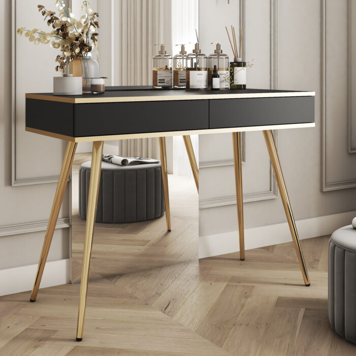 Toaletka Banff T102 - Czarna - Złote dodatki - 2 Szuflady - Szerokość 102 cm, Wysokość 80 cm, Głębokość 50 cm - obrazek 2