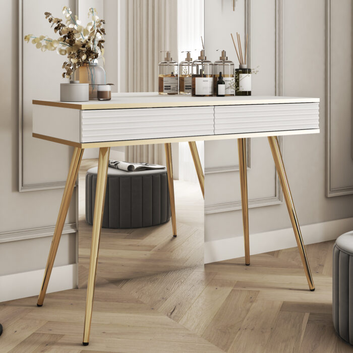 Toaletka Banff T102 - MDF - Biała - Ryflowane Fronty - 2 Szuflady - Szerokość 102 cm, Wysokość 80 cm, Głębokość 50 cm - obrazek 2