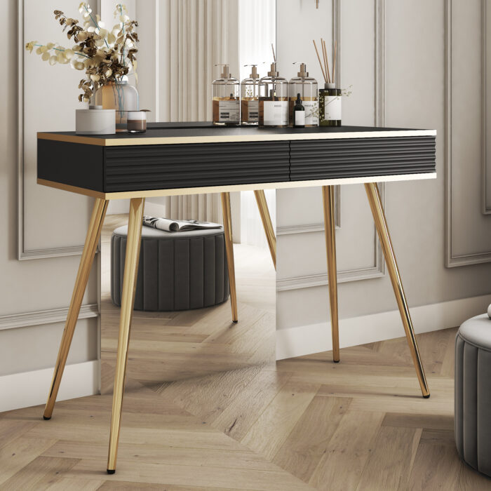 Toaletka Banff T102 - MDF - Czarne - Ryflowane Fronty - 2 Szuflady - Szerokość 102 cm, Wysokość 80 cm, Głębokość 50 cm - obrazek 2