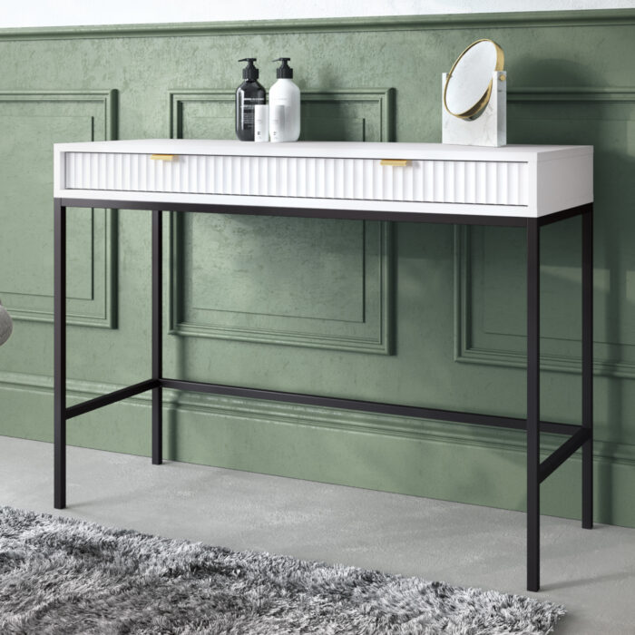 Toaletka NANAIMO - Biała - Złote Uchwyty - Dwie Szuflady - Szerokość 104 cm, Wysokość 77 cm, Głębokość 50 cm - obrazek 2