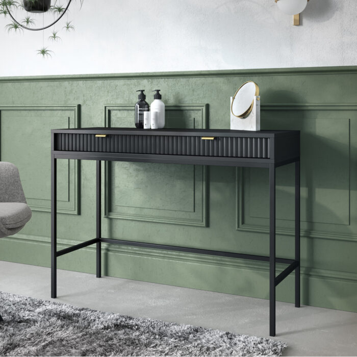 Toaletka NANAIMO - Czarna - Złote Uchwyty - Dwie Szuflady - Szerokość 104 cm, Wysokość 77 cm, Głębokość 50 cm - obrazek 2