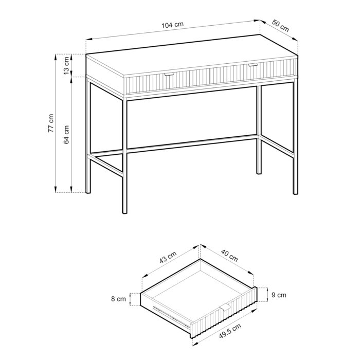 Toaletka NANAIMO - Zielona - Złote Uchwyty - Dwie Szuflady - Szerokość 104 cm, Wysokość 77 cm, Głębokość 50 cm - obrazek 3