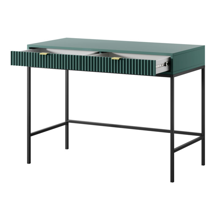 Toaletka NANAIMO - Zielona - Złote Uchwyty - Dwie Szuflady - Szerokość 104 cm, Wysokość 77 cm, Głębokość 50 cm - obrazek 4