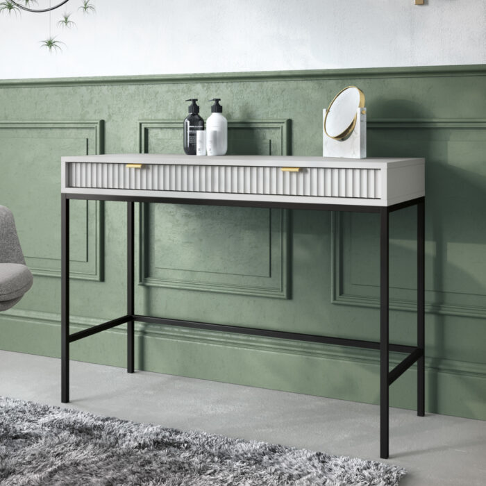 Toaletka NANAIMO - Szara - Złote Uchwyty - Dwie Szuflady - Szerokość 104 cm, Wysokość 77 cm, Głębokość 50 cm - obrazek 2