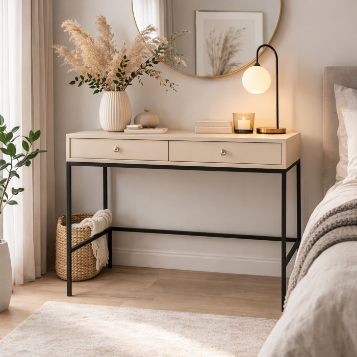 Toaletka MONCTON - Beige - Metalowe Uchwyt - 2 Szuflady - Szerokość 104 cm, Wysokość 77 cm, Głębokość 50 cm - obrazek 2