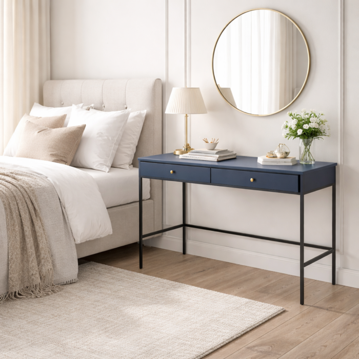 Toaletka MONCTON - Blu granatowy - Uchwyty metalowe - 2 szuflady - Szerokość 104 cm, Wysokość 77 cm, Głębokość 50 cm - obrazek 2