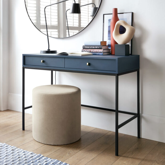 Toaletka MONCTON - Blu granatowy - Uchwyty metalowe - 2 szuflady - Szerokość 104 cm, Wysokość 77 cm, Głębokość 50 cm - obrazek 2